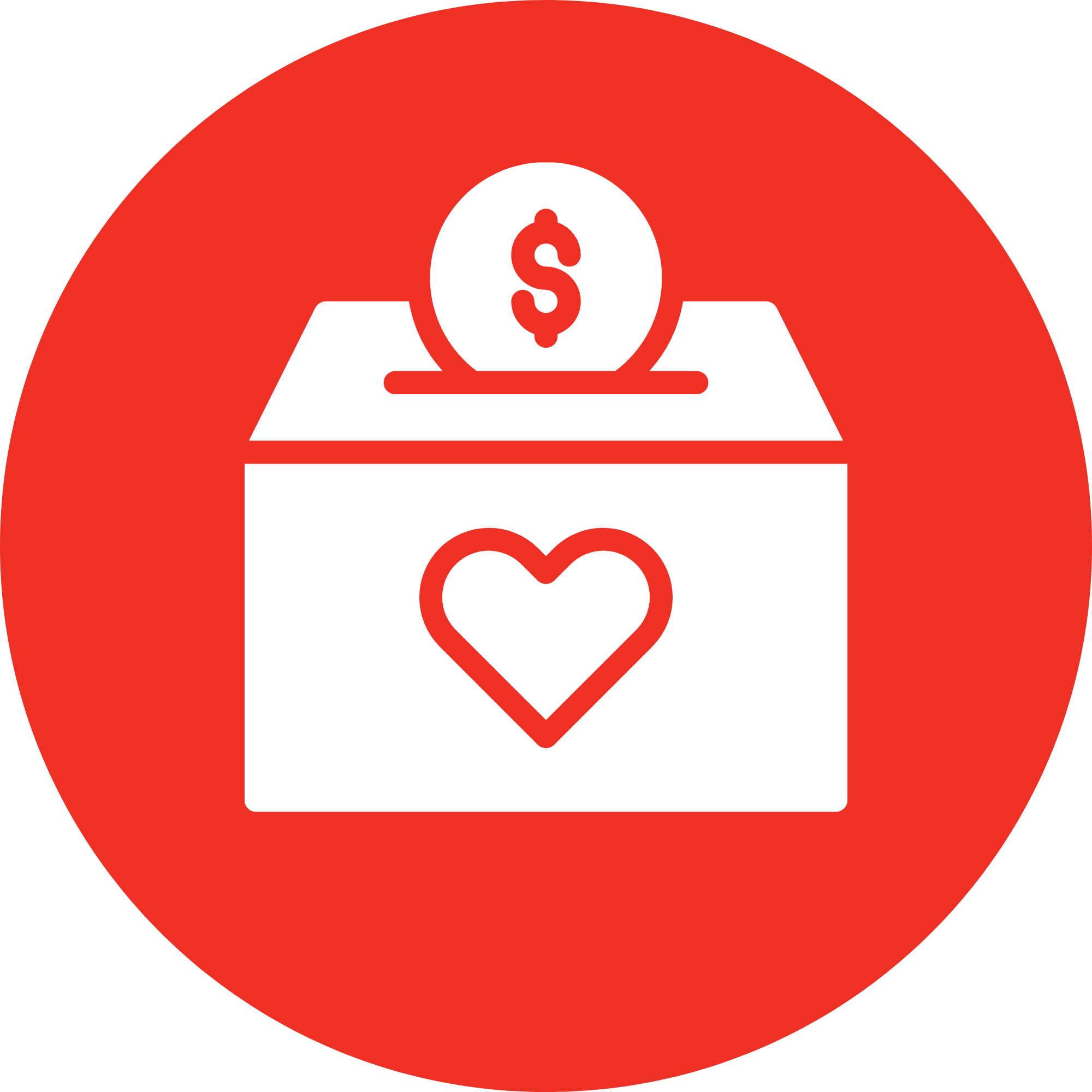 A red circle with a white square in the center containing a red heart and a red dollar sign above it, indicating charity or donation related to money.