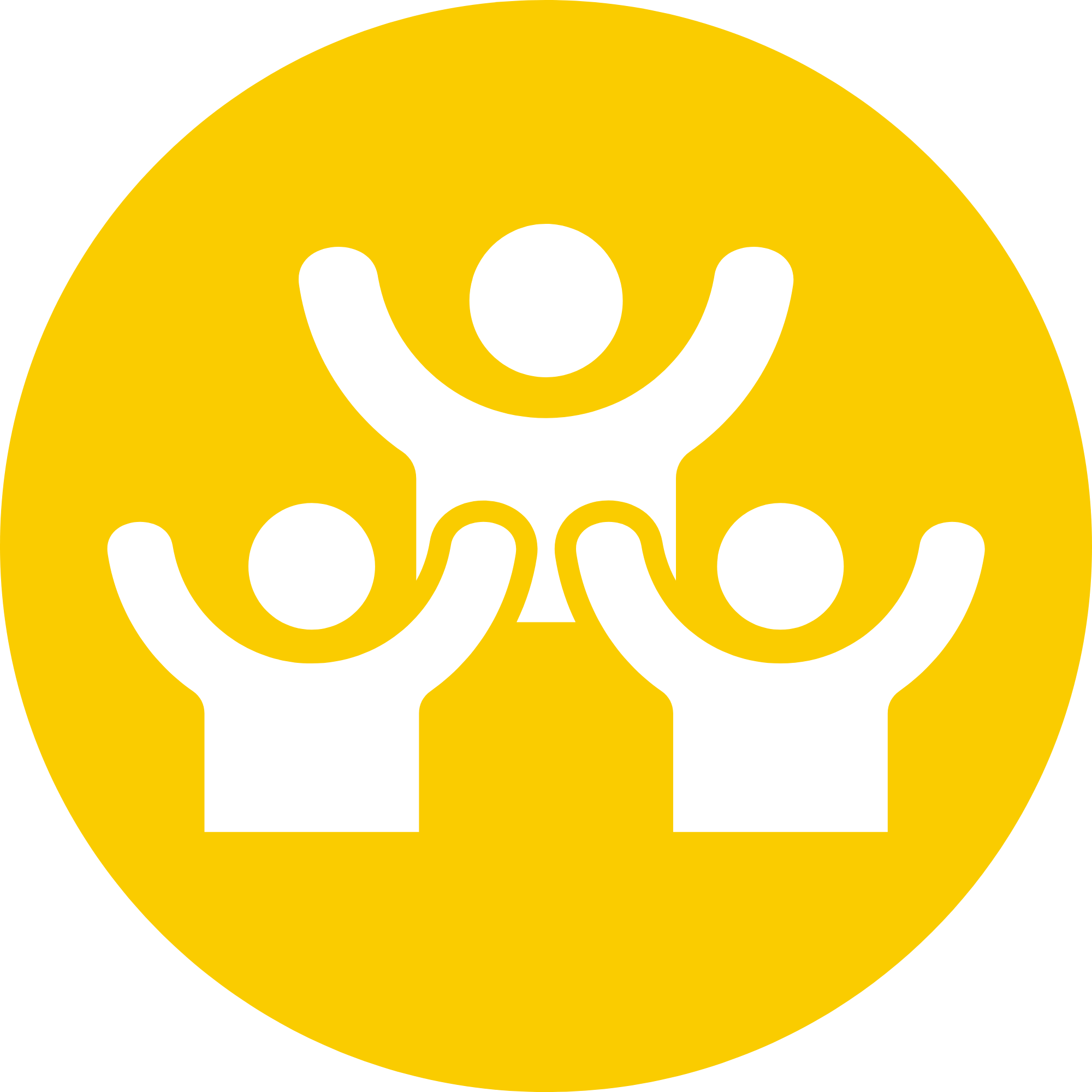 Decorative icon of three celebratory people in white in a yellow circle.