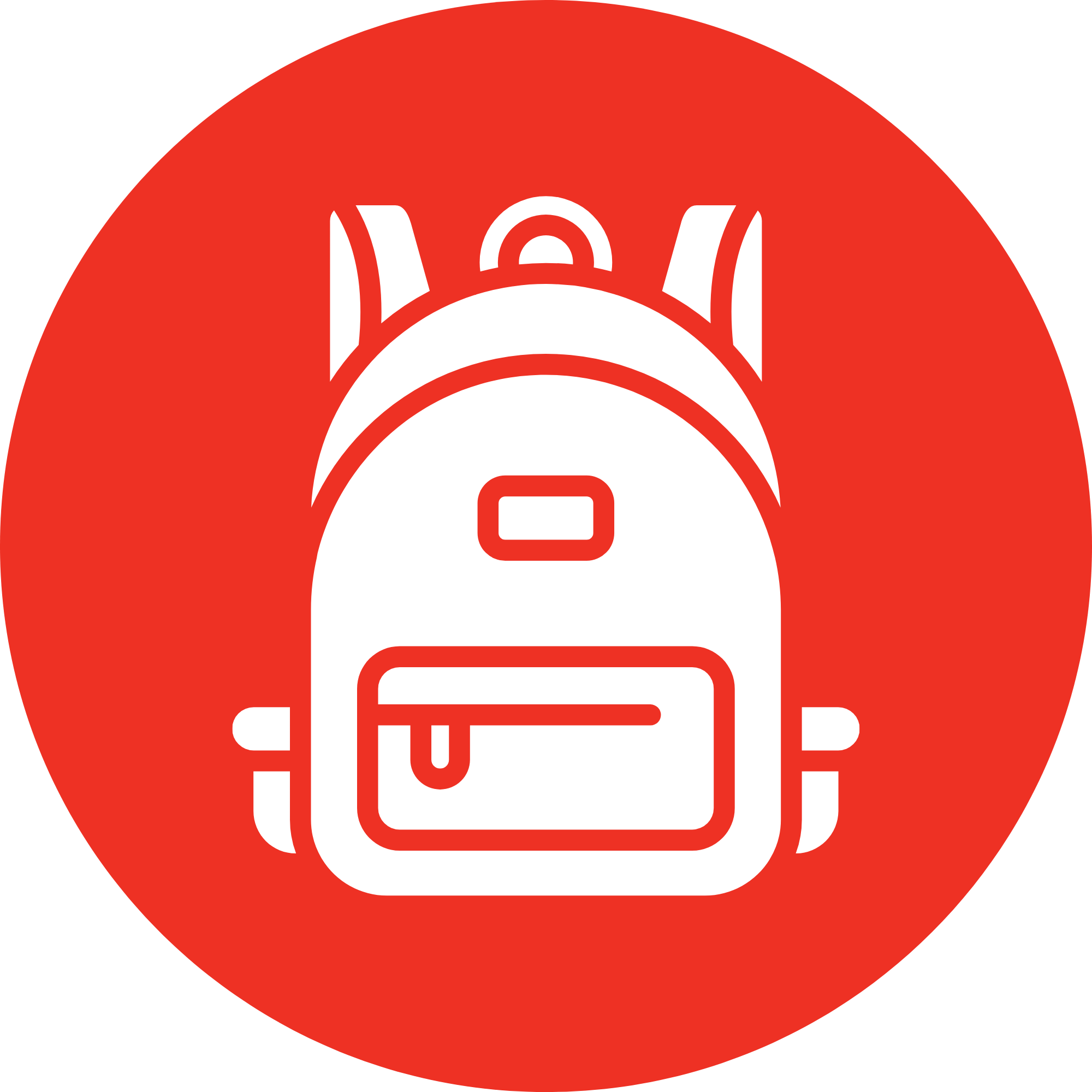 Decorative white backpack icon in a red circle.