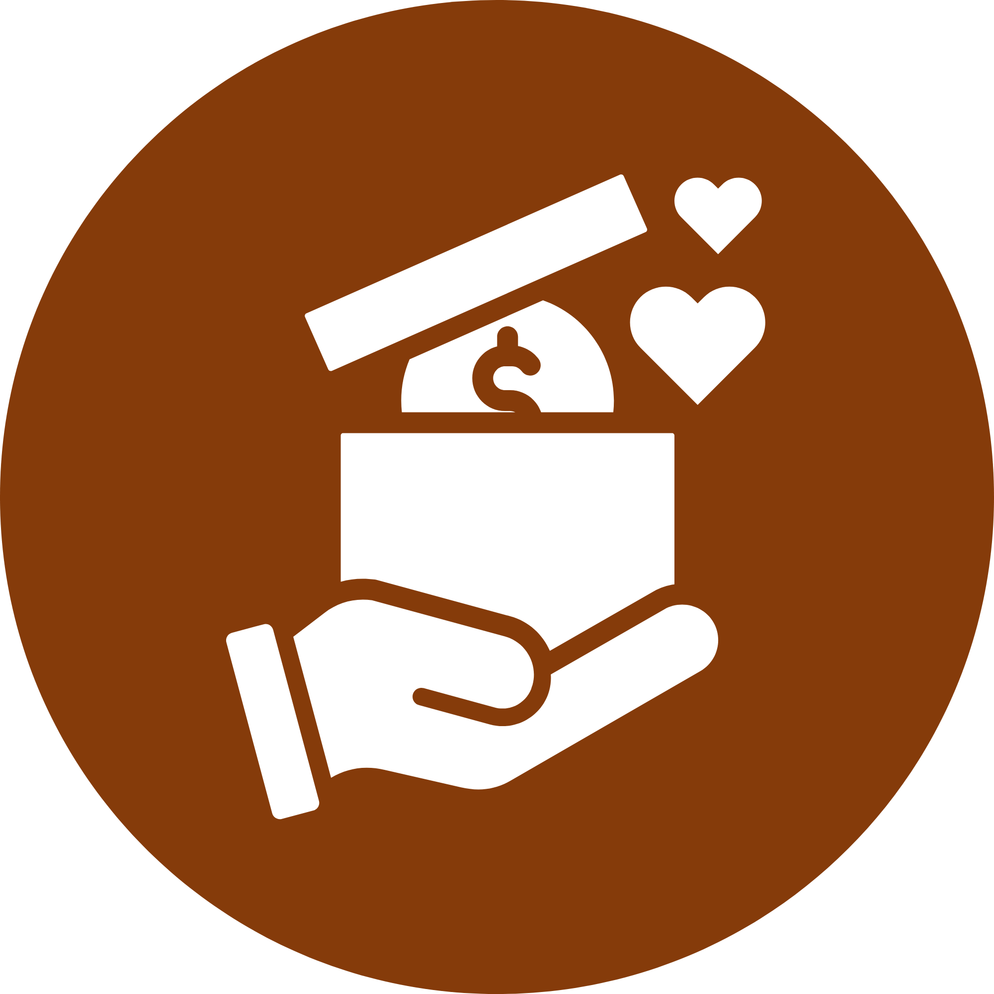 Icon of a hand holding a box with dollar sign and hearts, symbolizing financial kindness or donations.