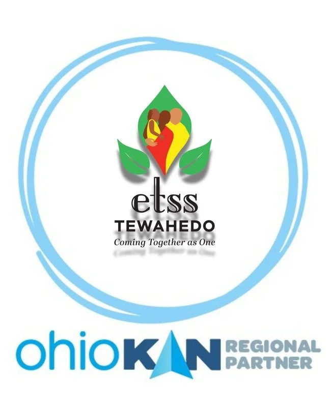 A logo for ETSS Tewahedo featuring stylized leaves and three people, with text "Coming Together as One." Below is the Ohio-KAN Regional Partner logo with a blue star and text on a white background.