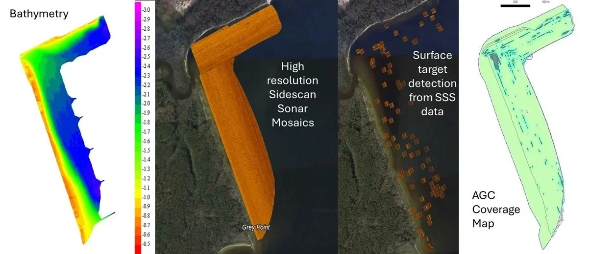 A composite image showing bathymetry data, side scan sonar mosaics, surface target detection, and AGC coverage map of a waterway or shoreline area.