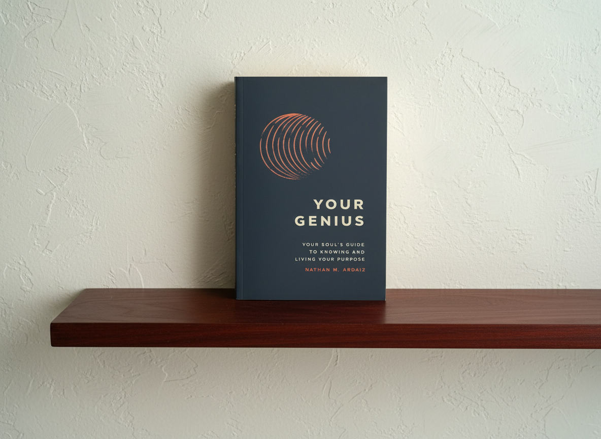 Your Genius, Your Soul's Guide to Knowing and Living Your Purpose book by Nathan M Ardaiz beautifuly designed paperback book standing on a dark cherry wooden floating shelf with a white light cream white wall behind it