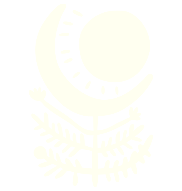 Simplified black and white graphic of a crescent moon and a circle resembling a sun or moon, above a stylized pine tree with branches.