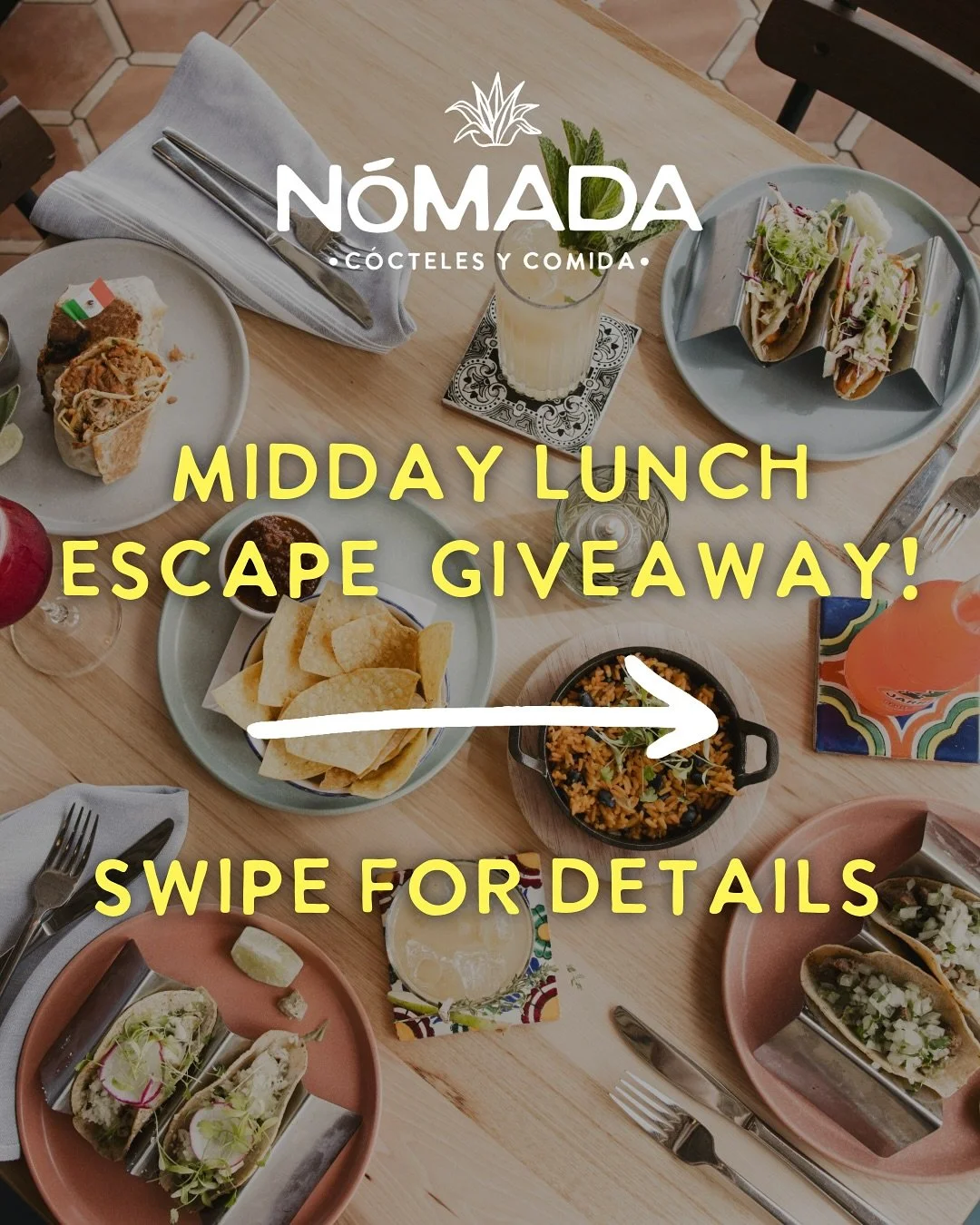 ✨Midday Lunch Escape Giveaway!✨

Where&rsquo;s your midday escape?
Maybe it&rsquo;s our taco combo at your desk, a burrito break in the park, or a laid-back lunch bowl with us at N&oacute;mada &mdash; wherever you find your moment to pause, we want t