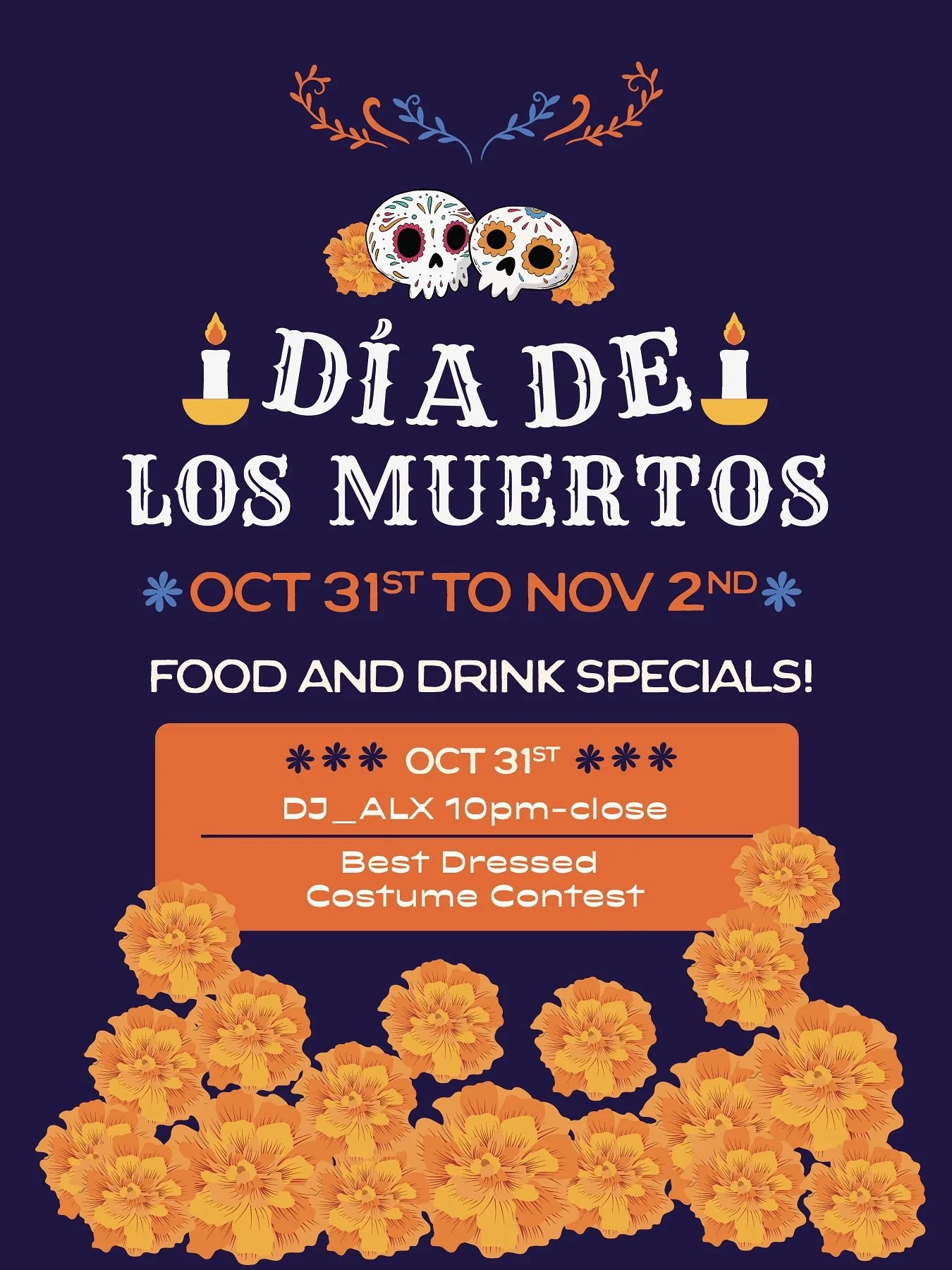 Honor the spirit, the color, and the flavor of D&iacute;a de los Muertos at N&oacute;mada 🌼💀

From October 31st through November 2nd, we&rsquo;re celebrating with special cocktails, themed dishes, and a night of music and costumes on Halloween with