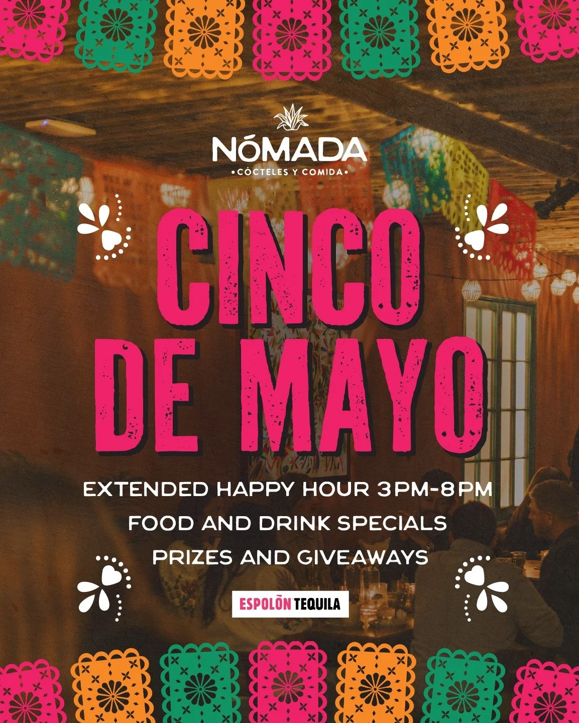 Meet us at N&oacute;mada for Cinco.

Extended Happy Hour | 3PM&ndash;6PM
&bull; Food Specials
&bull; Drink Specials
&bull; Prizes + Giveaways

Grab your crew and meet us at N&oacute;mada.

#NomadaVerona #CincoDeMayo #HappyHourVibes #VeronaEats