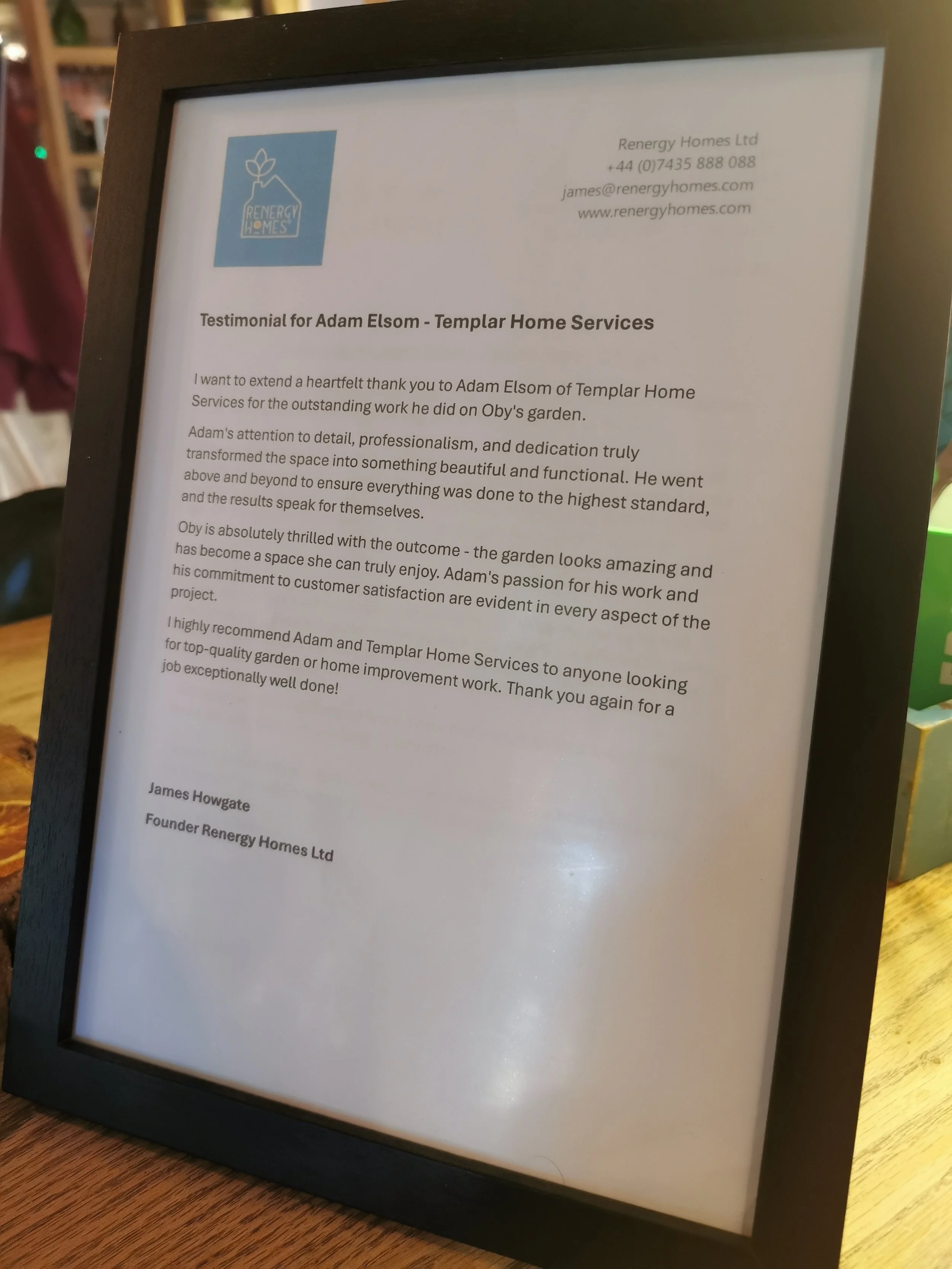 Photo of a written testimonial from the Founder of ReNergy Homes Ltd