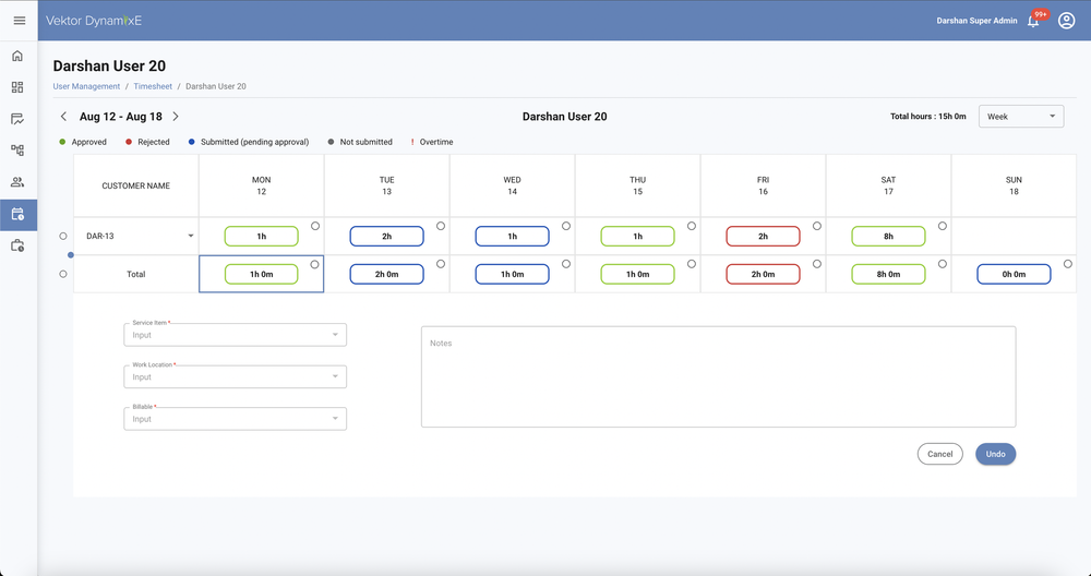 After: redesigned Vektor time entry view with colour-coded days