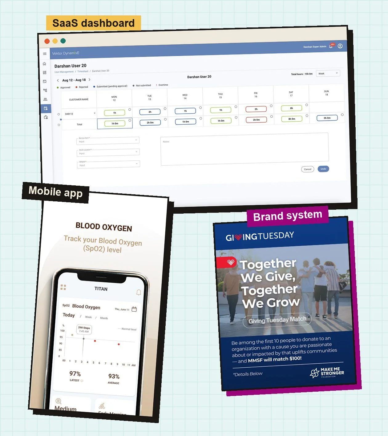 Aarushi's design work: a Vektor SaaS dashboard, a Titan Smart app screen and a Make Me Stronger Foundation campaign post