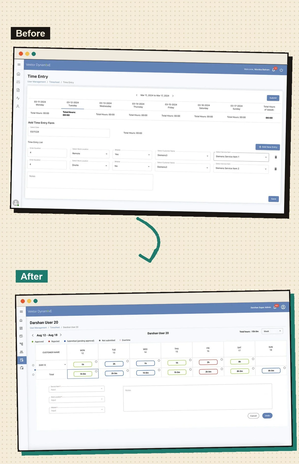 UX audit and redesign example: Vektor's time entry screen before, a dense form, and after, a clear colour-coded weekly timesheet