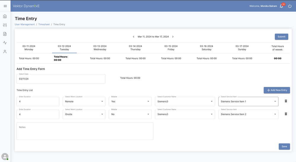 Before: Vektor's original user time entry form, a dense weekly grid