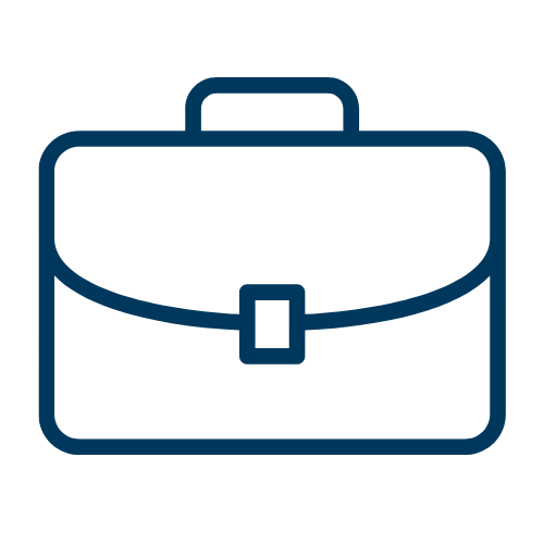 Outline icon of a briefcase or portfolio in dark blue.