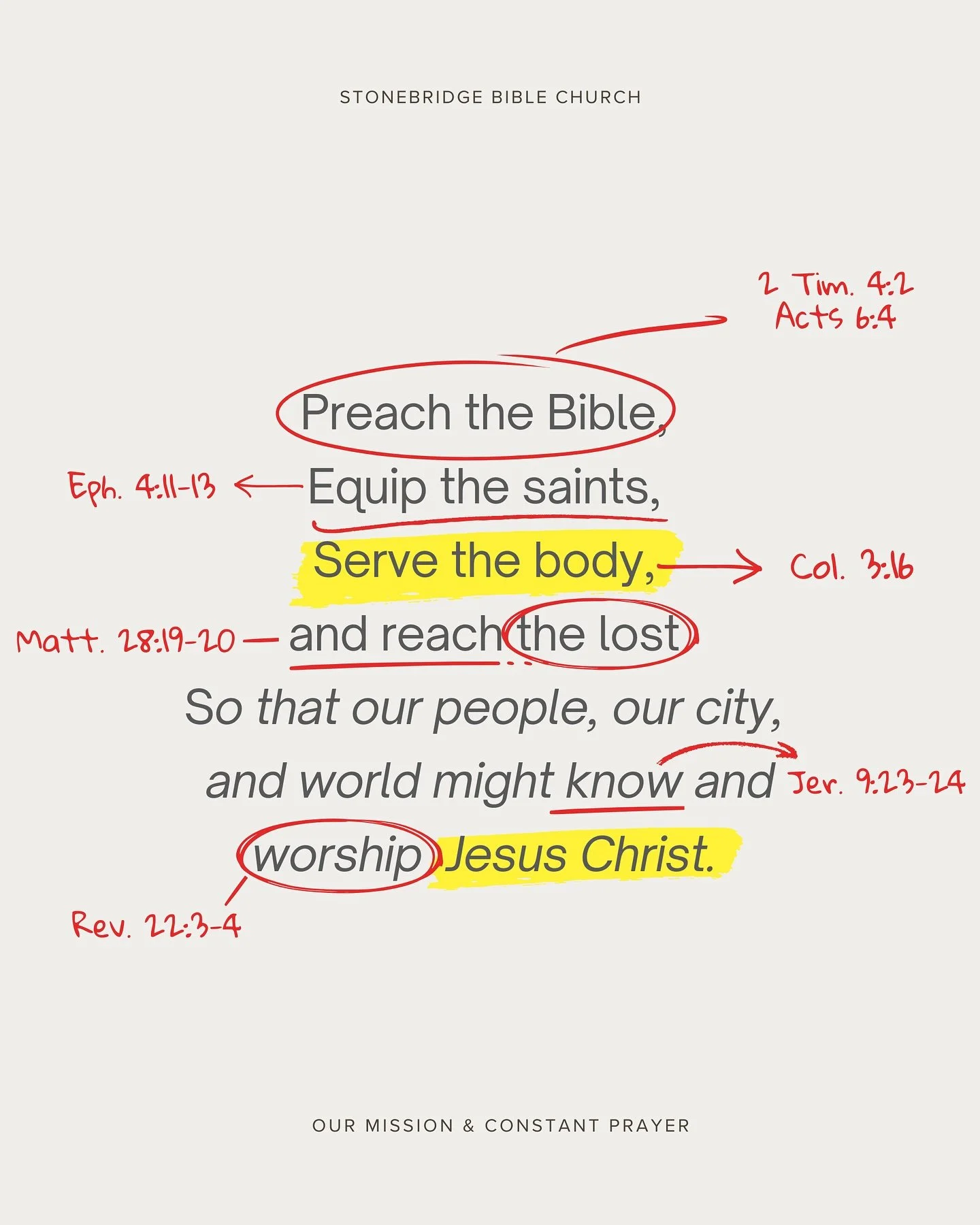 Yesterday we had a special Sunday going over our mission at Stonebridge Bible Church. It was a moment to remember what God has done and to look ahead in faith to what He will continue to do.
The message centered on our mission and constant prayer: t