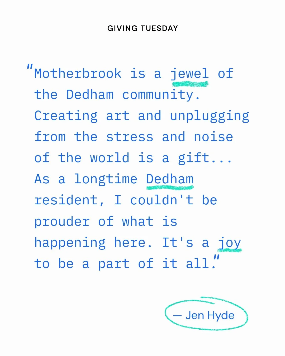 We asked our members what Mother Brook means to them. Here&rsquo;s what Jen (CSA + Dedham resident) shared:

&ldquo;Motherbrook is a jewel of the Dedham community. Creating art and unplugging from the stress and noise of the world is a gift. The arti