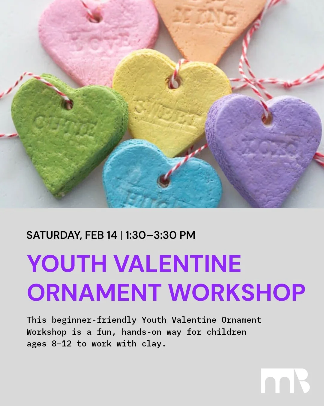 This beginner-friendly Youth Valentine Ornament Workshop is a fun, hands-on way for children ages 8&ndash;12 to work with clay. Guided by instructor Jane Zell, students will learn how to roll slabs and cut heart shapes to create their own clay heart 