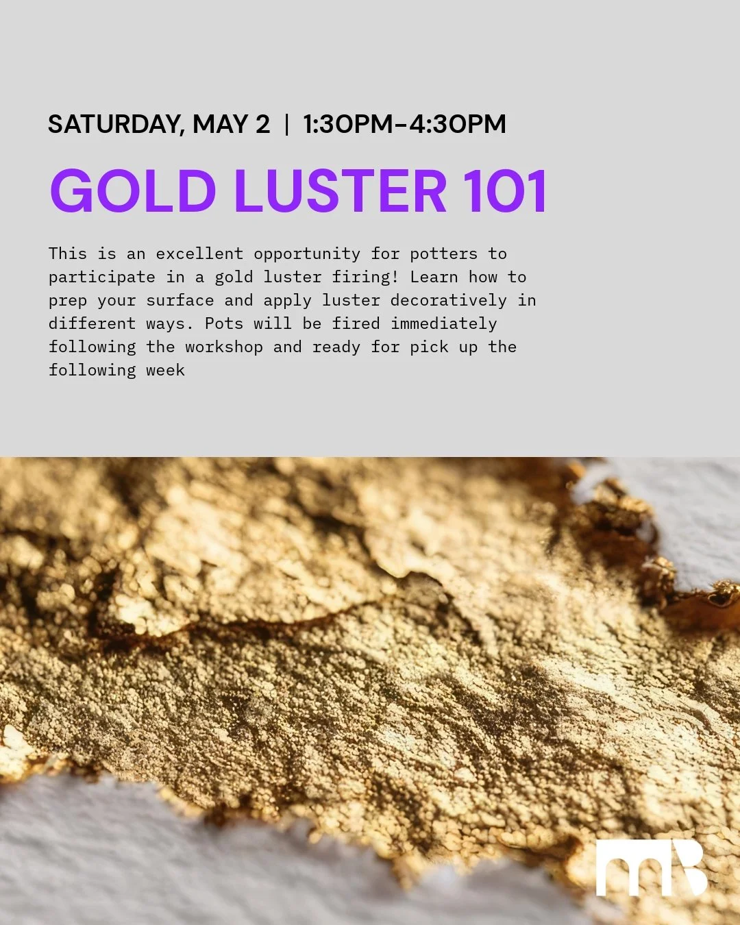 ✨ Gold Luster 101 ✨
Saturday, May 2 | 1:30&ndash;4:30pm | Outdoors
Ready to add a little gold to your work?
This hands-on workshop is an excellent opportunity for potters to participate in a gold luster firing. You&rsquo;ll learn how to properly prep