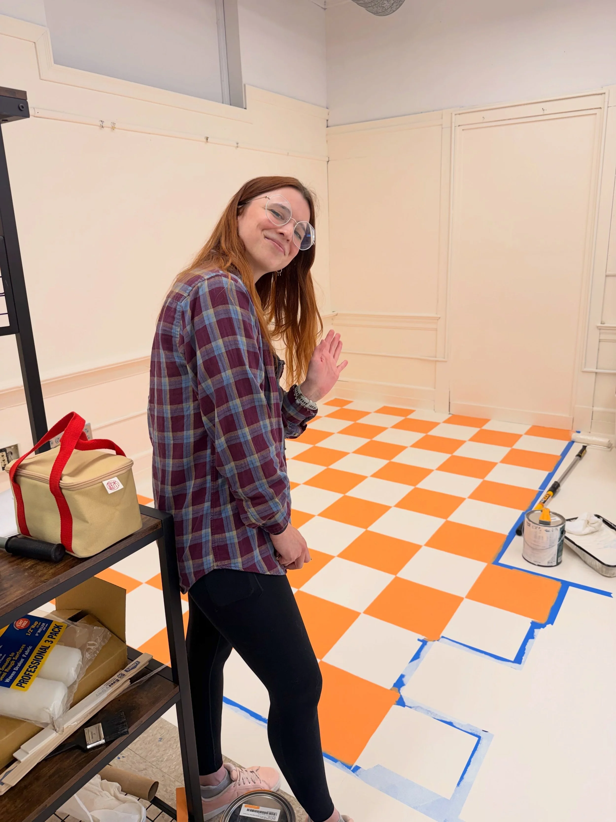 Welcome to Mother Brook, Obi Little. @obi_little 
Our newest artist-in-residence is already making her new studio space her own, starting with a freshly painted floor.
And we love the unexpected pattern conversation happening across the hall in other