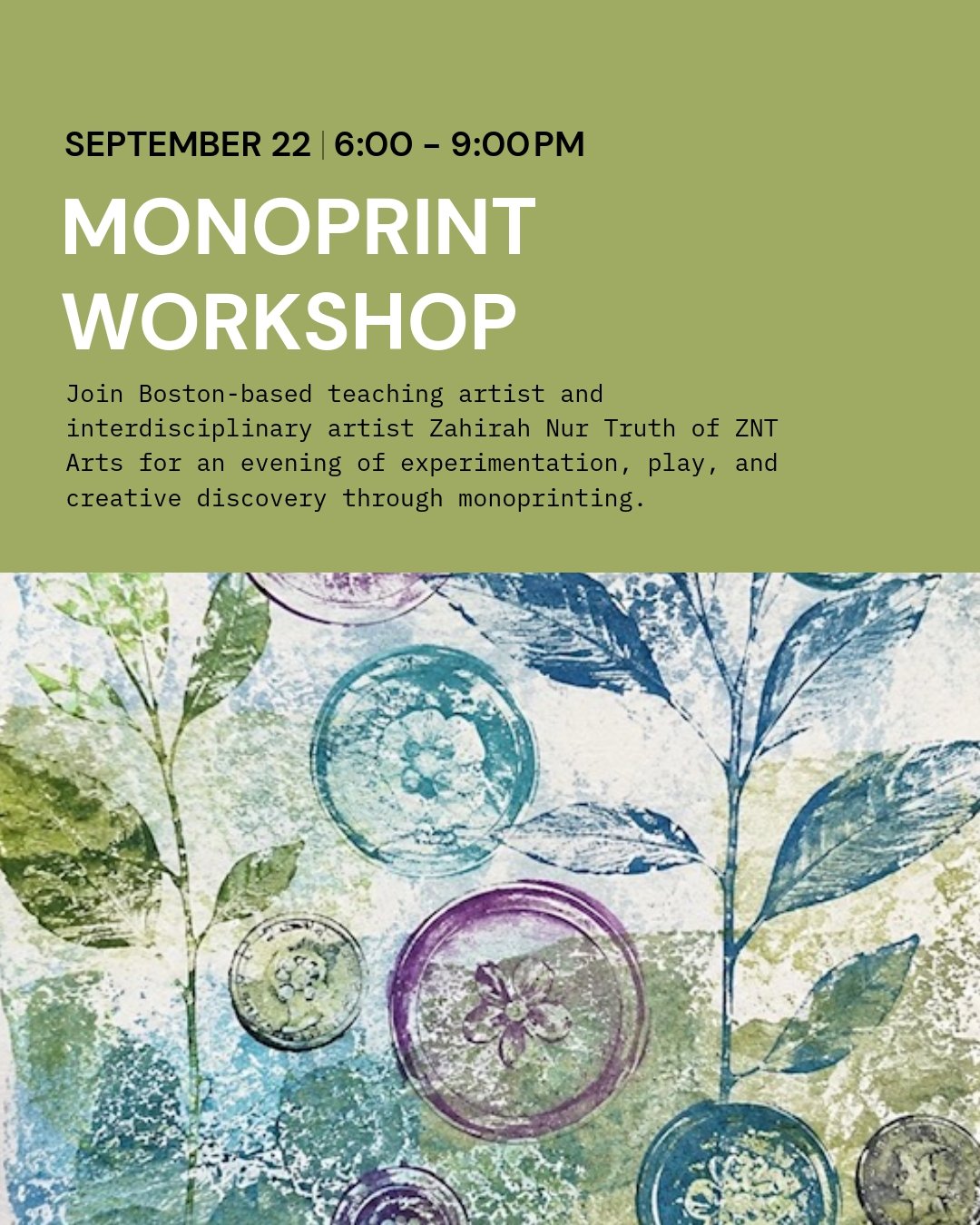 hrough monoprinting. Using Gelli plates, paint, natural materials, and found objects, you&rsquo;ll explore color, texture, pattern, layering, and composition while creating a series of one-of-a-kind prints.
This intuitive process is perfect for begin