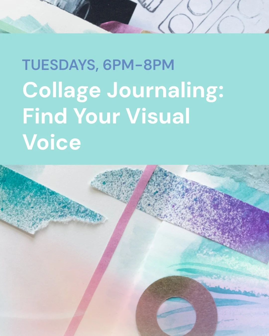 Find your visual voice, one layer at a time.
Join artist Sarah Aroesty for Collage Journaling, a four-week course exploring composition, texture, and visual storytelling.
Using everyday papers, you&rsquo;ll learn adhesive techniques, experiment with 