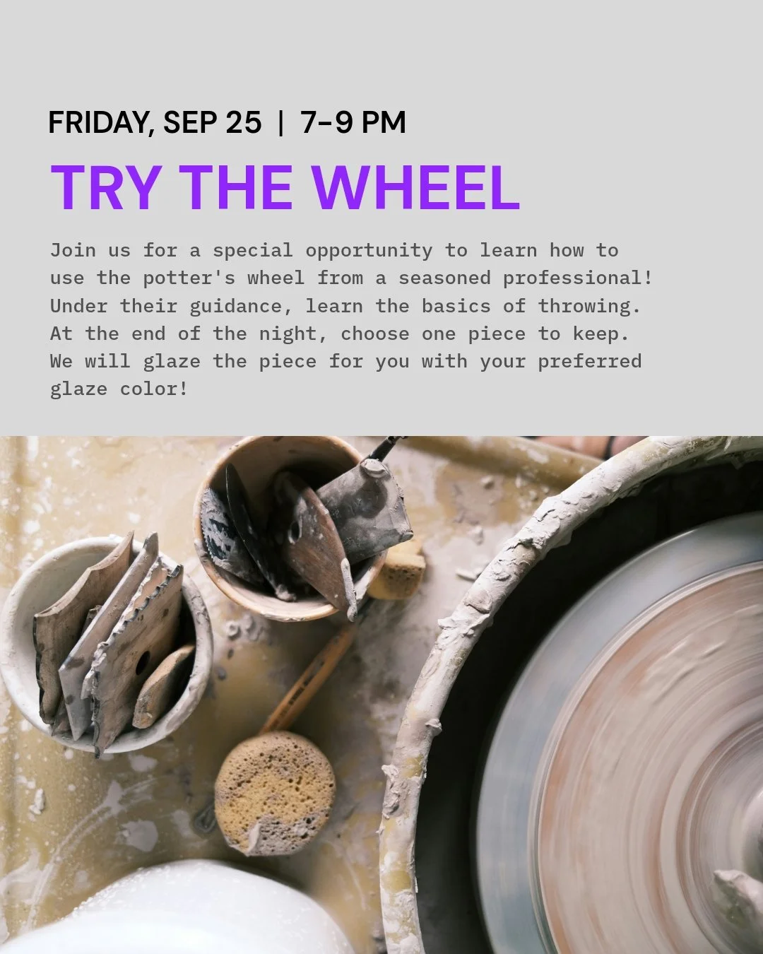 Always wanted to try the pottery wheel? Now&rsquo;s your chance!
Join for  a fun, hands-on introduction to the basics of throwing on the potter&rsquo;s wheel.

✨ Beginner-friendly
👐 Learn from seasoned ceramicist Lisa WB Walker
🎨 Choose one piece t