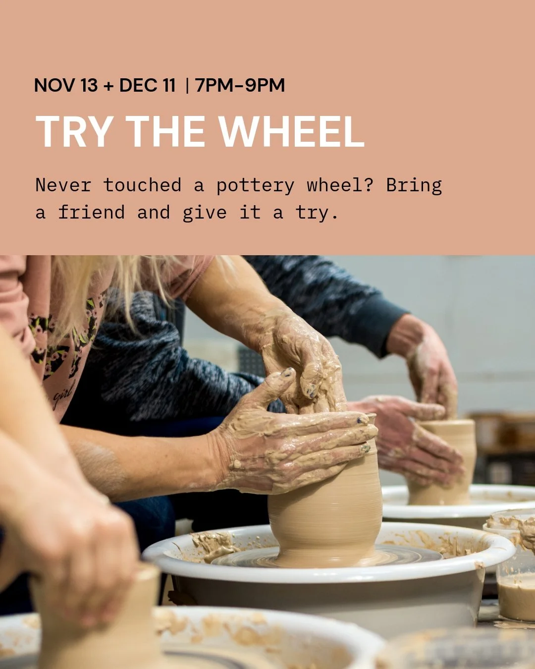 Never touched a pottery wheel?

Grab a friend and sign up for a creative night out!
Join us for a fun, beginner-friendly evening of pottery with Lisa WB Walker. Learn the basics, get your hands dirty, and create a piece of pottery to keep!

✨ Fridays