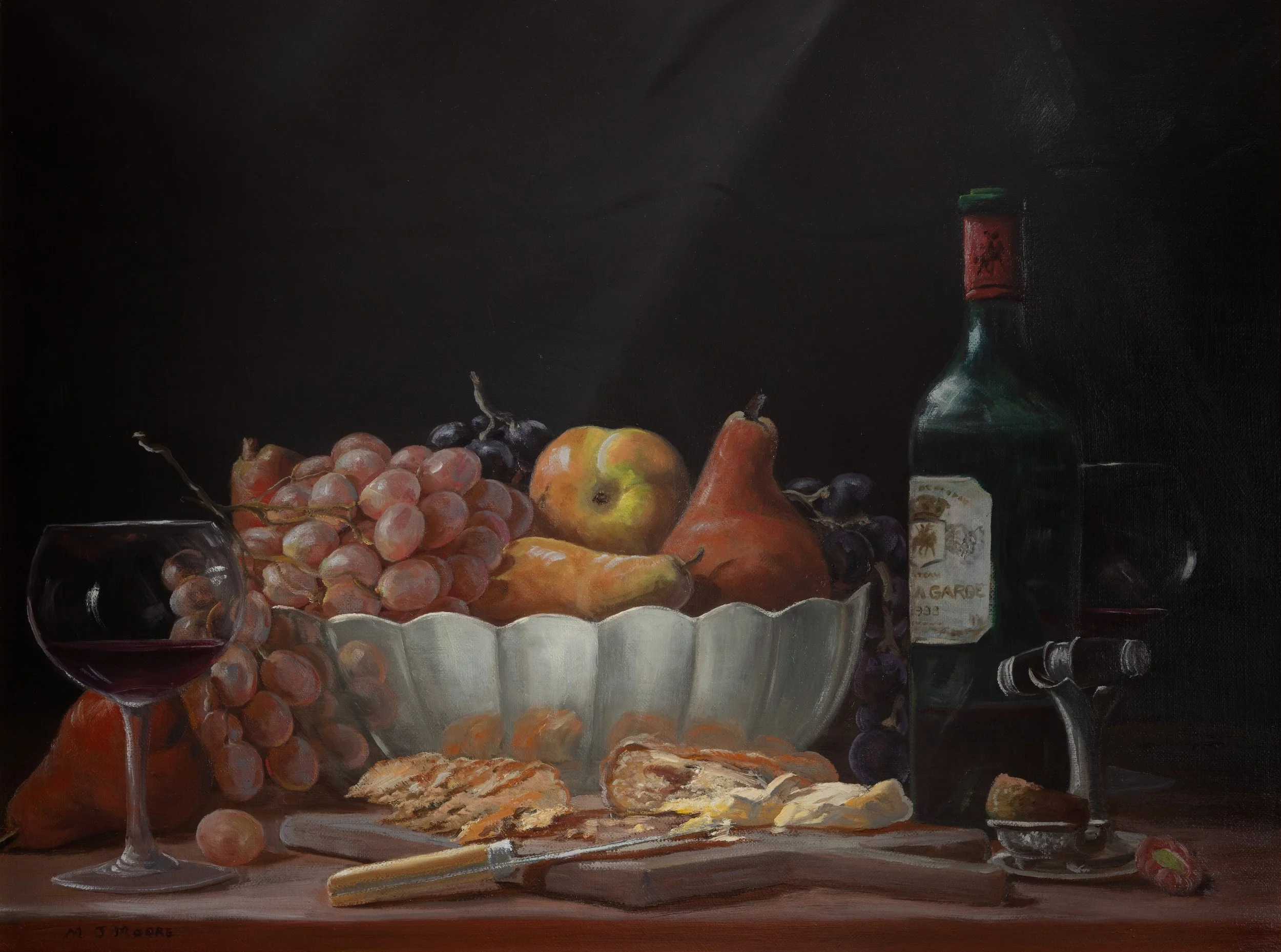 Michael Moore, Wine and Cheese, oil on canvas (F), 18”x24”.