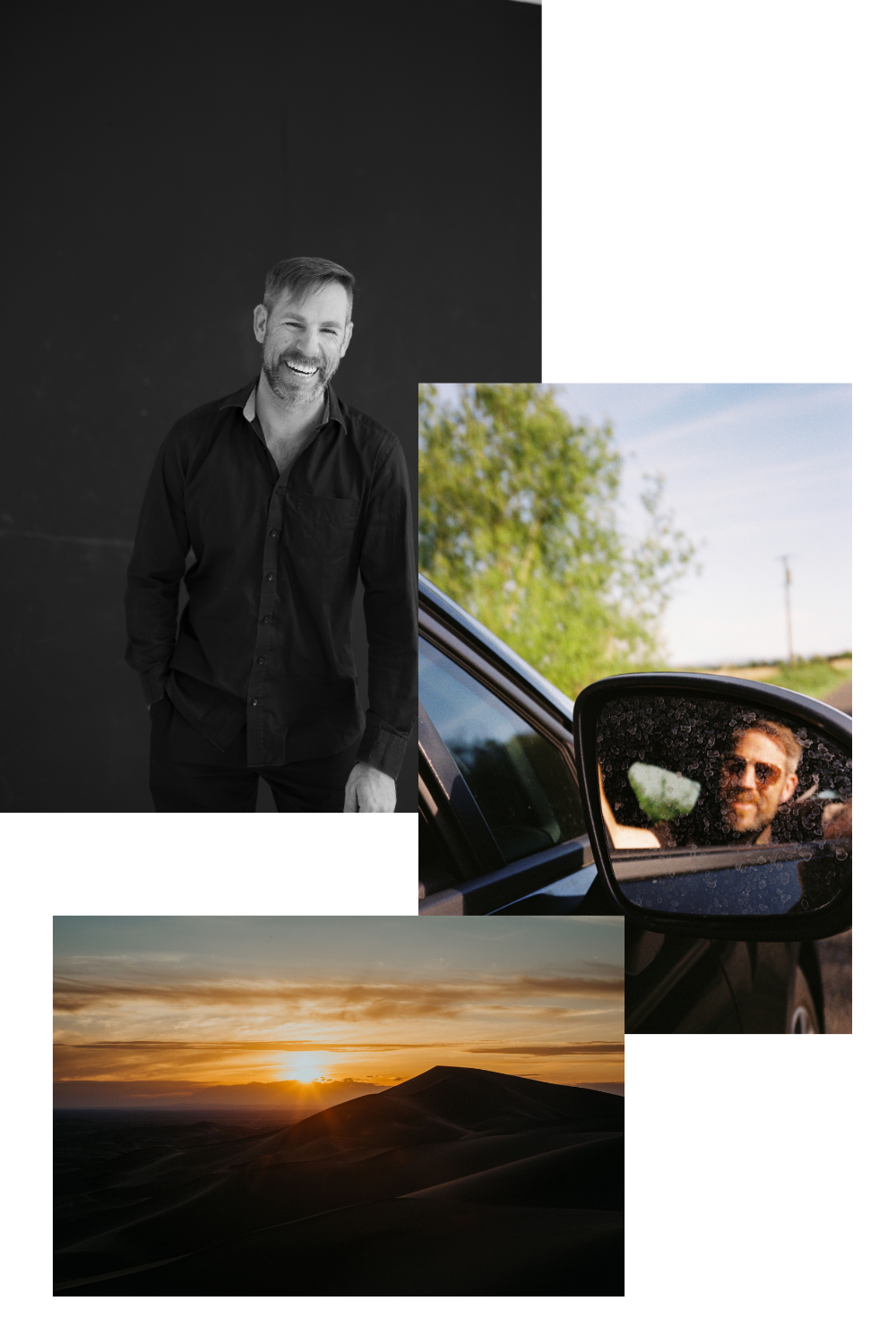 Collage of three images: a black and white portrait of a man smiling, a man driving a car with sunglasses reflected in the side mirror, and a sunset over sand dunes.