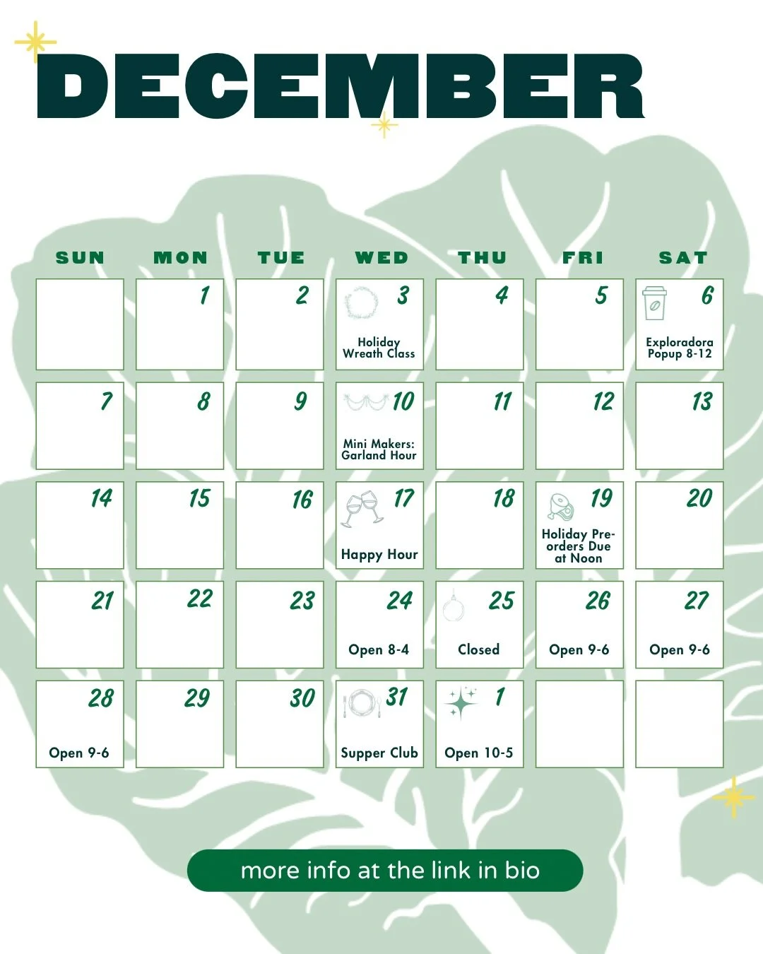 🎄 December at Chicory 🎄

✨ This month, ring in the holidays with us!  We&rsquo;ve got two holiday craft classes to look forward to.  Join @farmsteadflorals for a holiday wreath class this Wednesday and leave with an arrangement that can hang on you