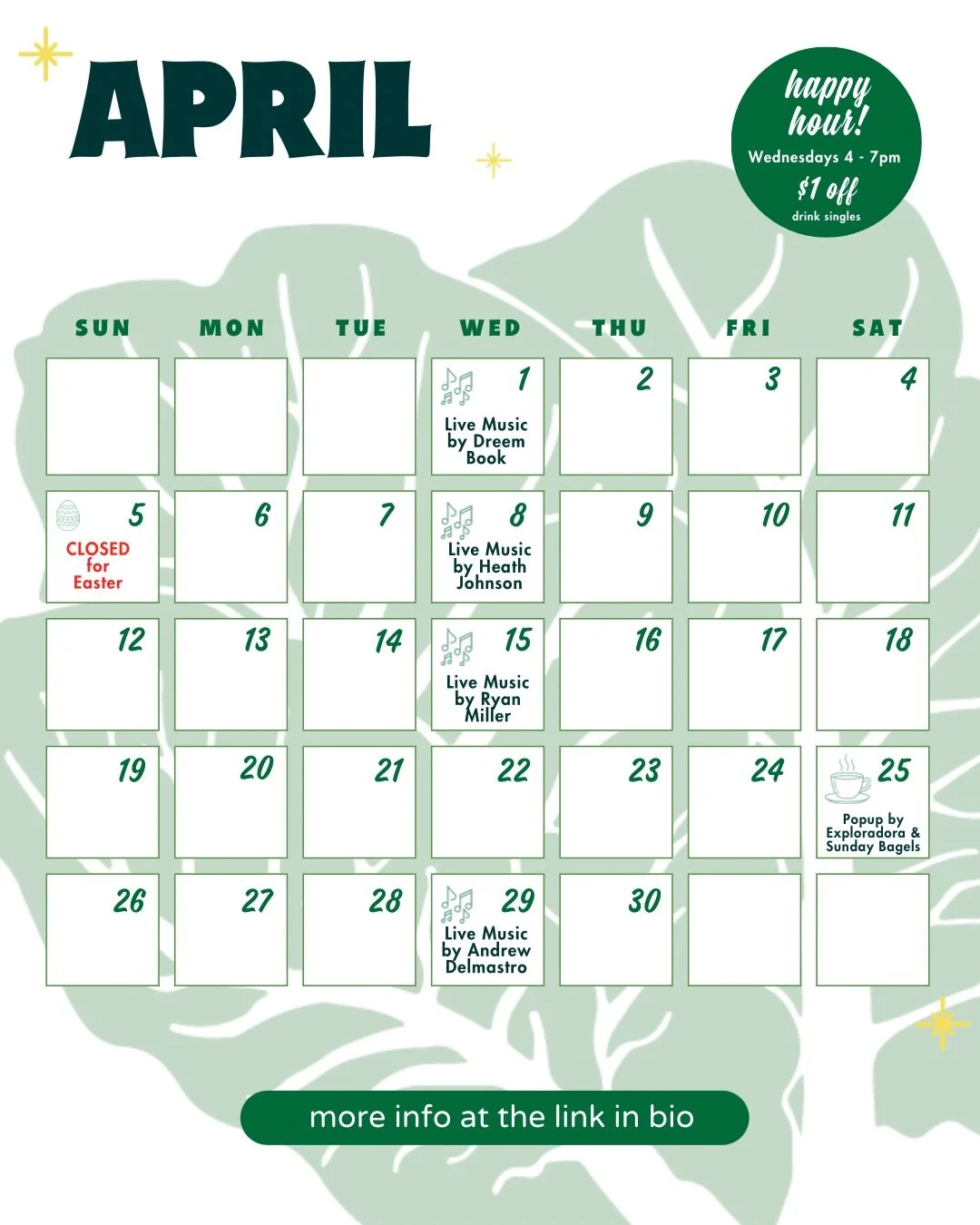 💐 April at Chicory 💐

Spring is here and we&rsquo;re proud to offer a month with lots of patio activities.

Join us for live music this month on Wednesdays from 5-6, including performances from @ryanmiller1978, @shazmatic &amp; more.

The morning o