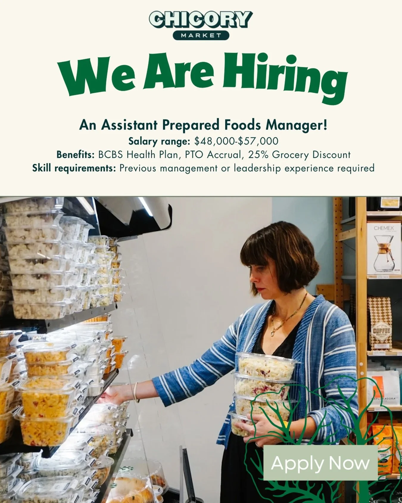🥬 We&rsquo;re hiring an Assistant Prepared Foods Manager! 🥬

The salary range for this position is $48,000-$57,000.  Benefits include BCBS Health Plan, PTO Accrual, and a 25% Grocery Discount. This position is full-time (36-40 hours per week) with 