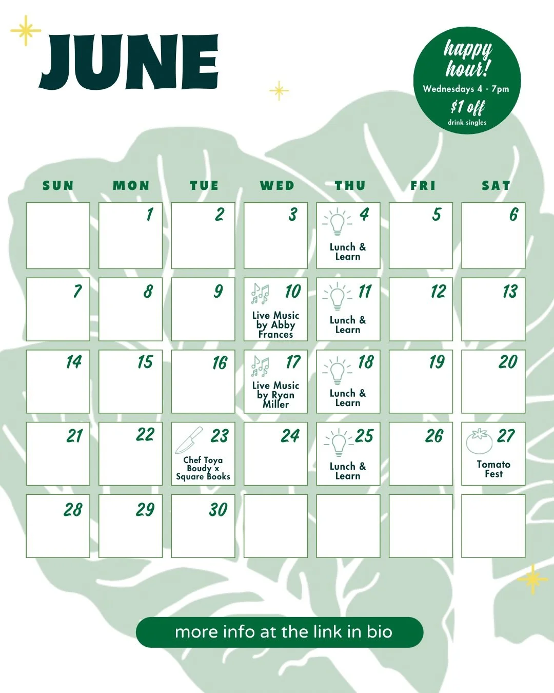 🌞 June at Chicory 🌞

🧠 Gear up for a big month! Our Lunch &amp; Learn series is back this summer! Join us on Thursdays from 12-1 for free educational talks led by friends and farmers in our community.

🎵 Don&rsquo;t miss live music during Happy H