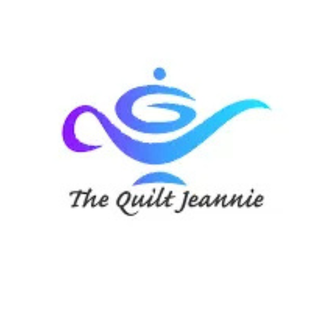 Logo of The Quilt Jeannie with a stylized purple and blue teapot and a water splash design.