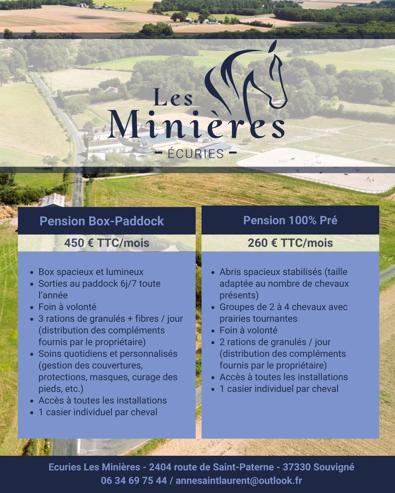 Rejoignez notre communaut&eacute; de cavaliers! &Agrave; seulement 25 minutes de Tours, nous vous proposons un cadre exceptionnel : 22 hectares de verdure, boxes spacieux, grands paddocks en herbe, prairies, des espaces de travail de qualit&eacute; (