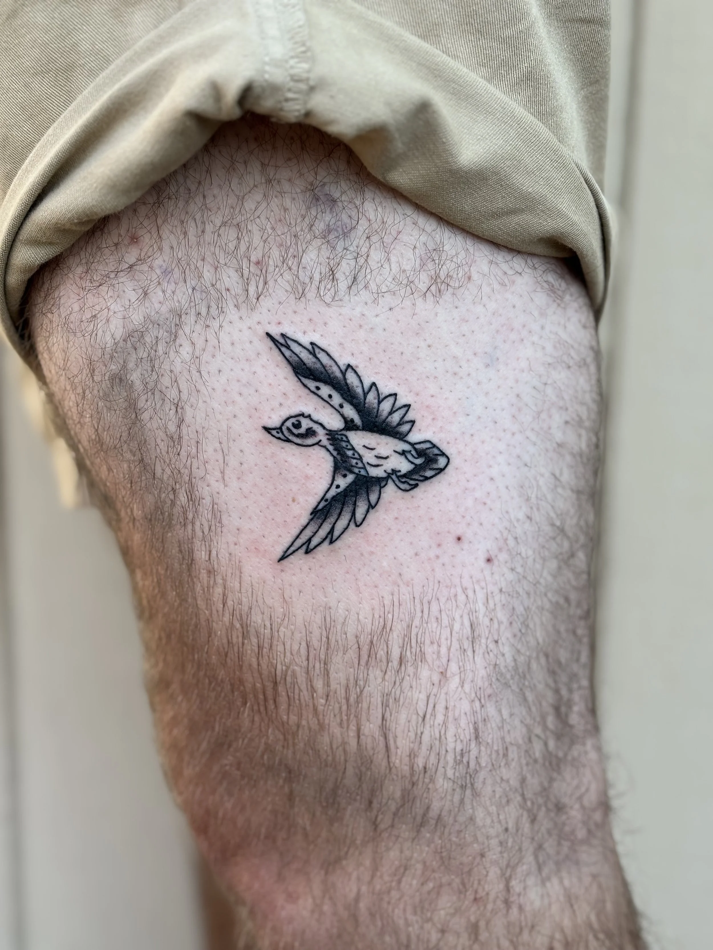 A tattoo of a flying bird on a person's upper thigh.