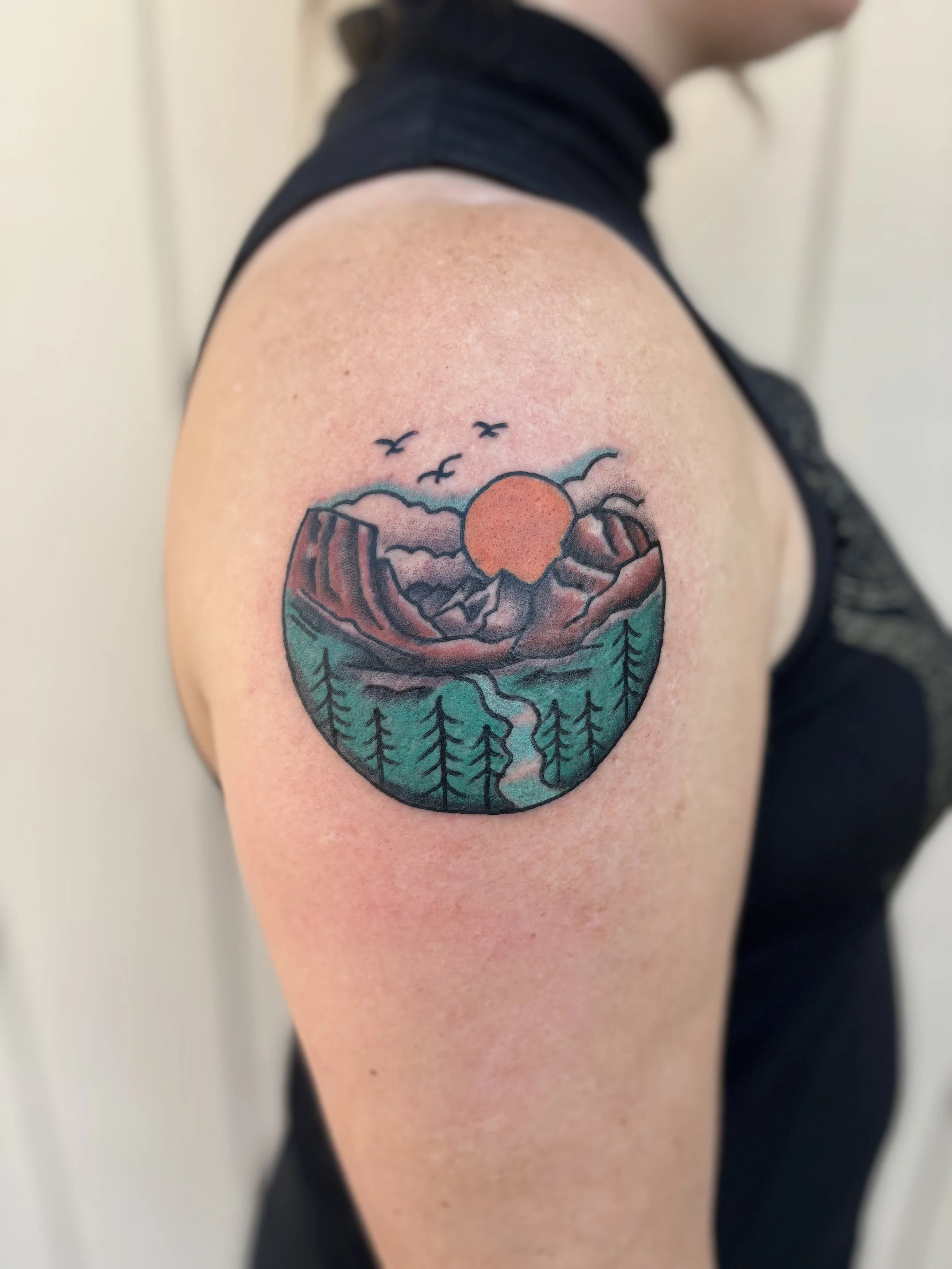 Tattoo of a landscape scene with a large orange sun, mountains, trees, and a river on a person's arm.
