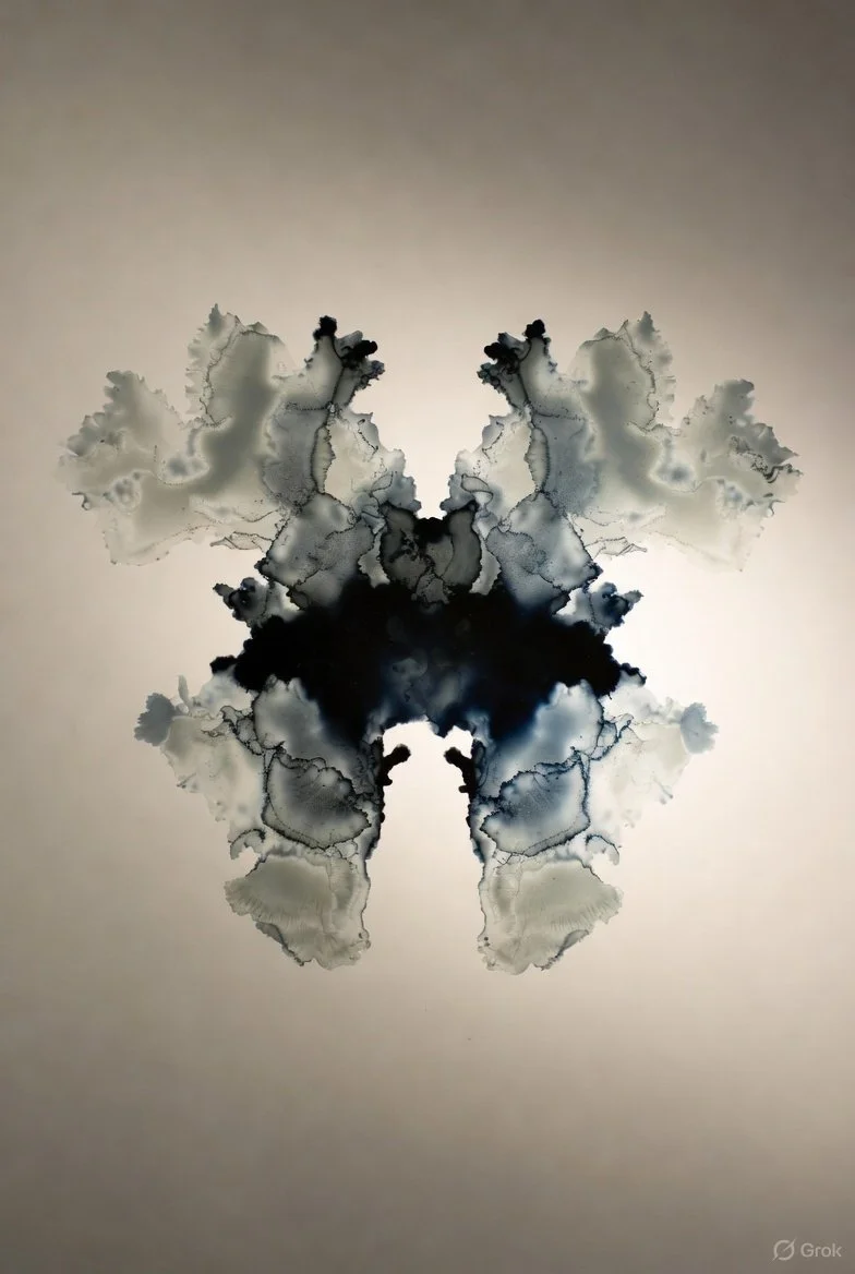 Abstract symmetrical inkblot pattern in black, gray, and white on a light background