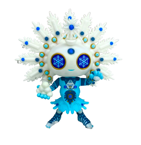 A colorful mascot with a snowflake-inspired headpiece, large circular eyes with snowflake patterns, and dressed in blue and white winter-themed clothing.