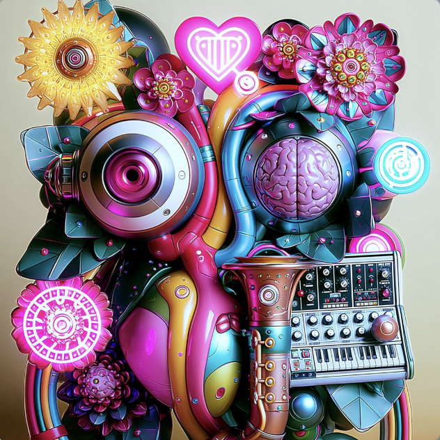 Colorful, abstract collage with musical and technological elements, including a brain, flowers, speakers, and a keyboard, in vibrant neon colors.