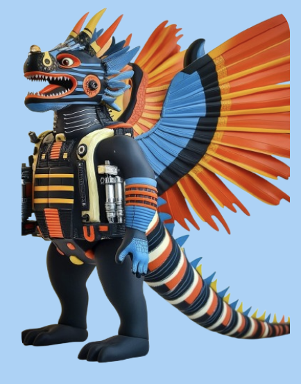 A humanoid figure with a dragon head, wearing armor, with large colorful wings and a striped tail, standing against a light blue background.