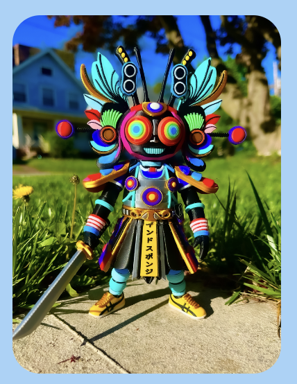 Colorful robot figure with neon lights, vibrant patterns, and insect-like features, standing outdoors on a sidewalk with a grassy yard and house in the background.