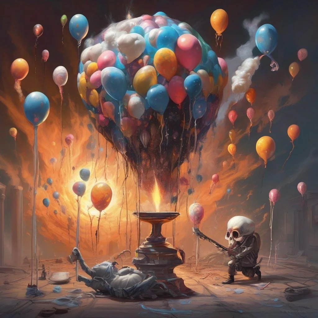 A surreal scene of numerous colorful balloons, some catching fire and melting, around a skeleton and a creature with a skeleton-like head, in a dark, smoky setting.