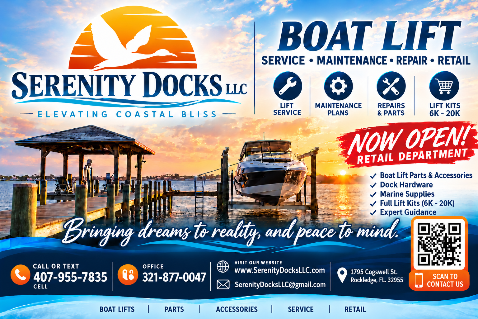 Sunset waterfront with a covered dock and boat lift, from the Serenity Docks mail-out