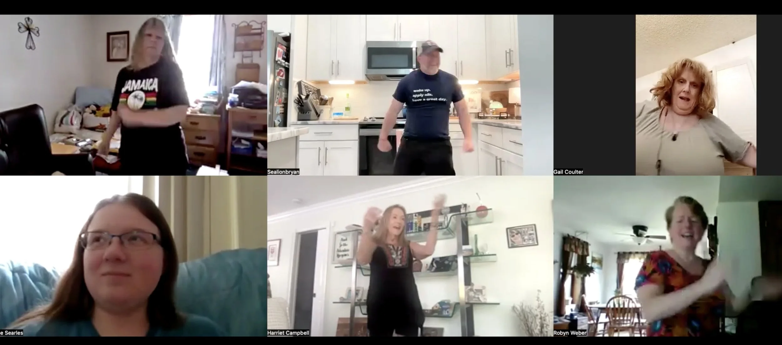 Screen capture of a video call with six women, each in their own home, smiling, dancing, and making expressive gestures.