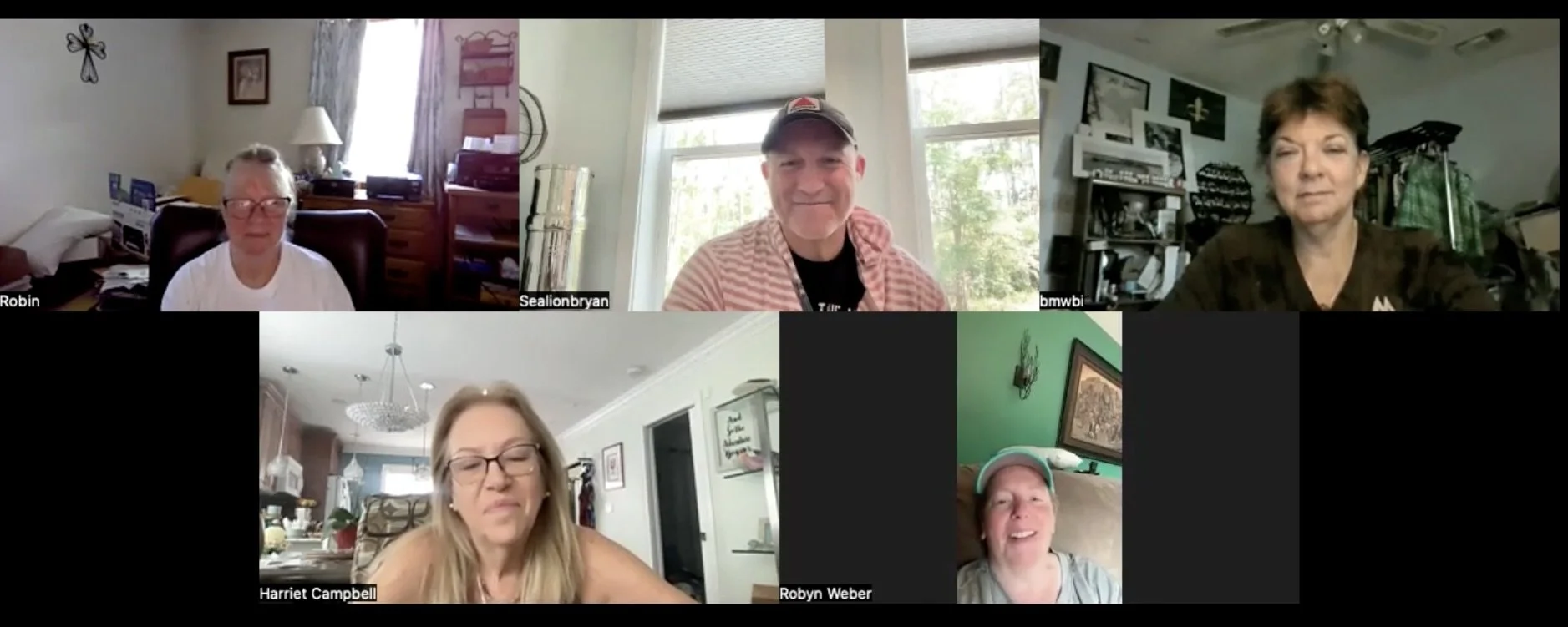 Six people participating in a virtual meeting on video call, with various home backgrounds visible.