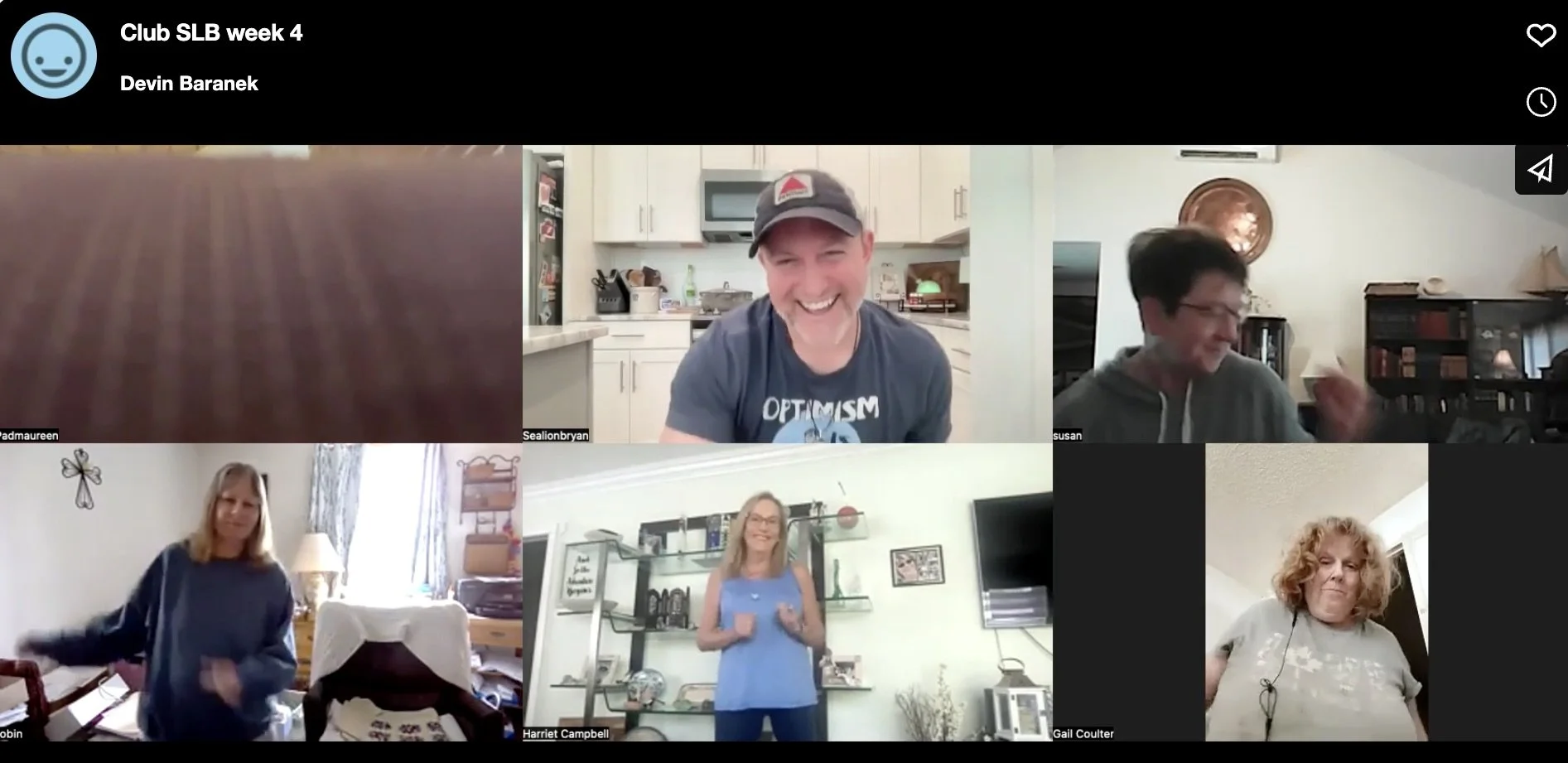 Screenshot of a virtual Zoom meeting with six participants, three women and three men, in different indoor settings, smiling and engaging in a group activity.