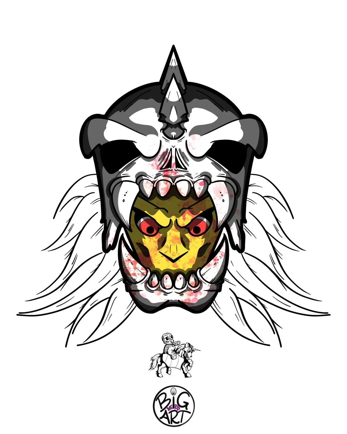 A large, fierce illustration of a wolf skull with wings, with a warrior face inside the mouth. The artwork features bold lines, a mix of black, white, red, yellow, and green colors, and is titled 'BIG ART' with a small riding skeleton figure at the b