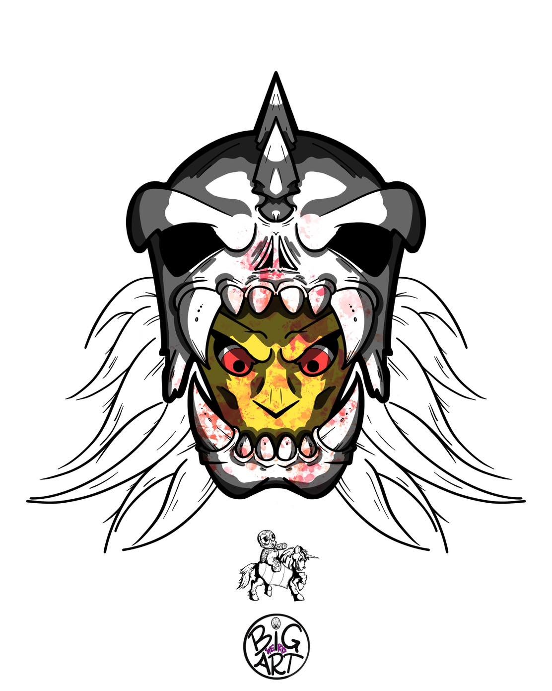 A graphic illustration of a fierce animal skull combining features of a wolf or dog, with a human face painted yellow and black, within the open jaws of the skull. The design is detailed with feathers and decorative elements, and includes a small figure riding a horse at the bottom with a circular logo that reads 'Big Art'.