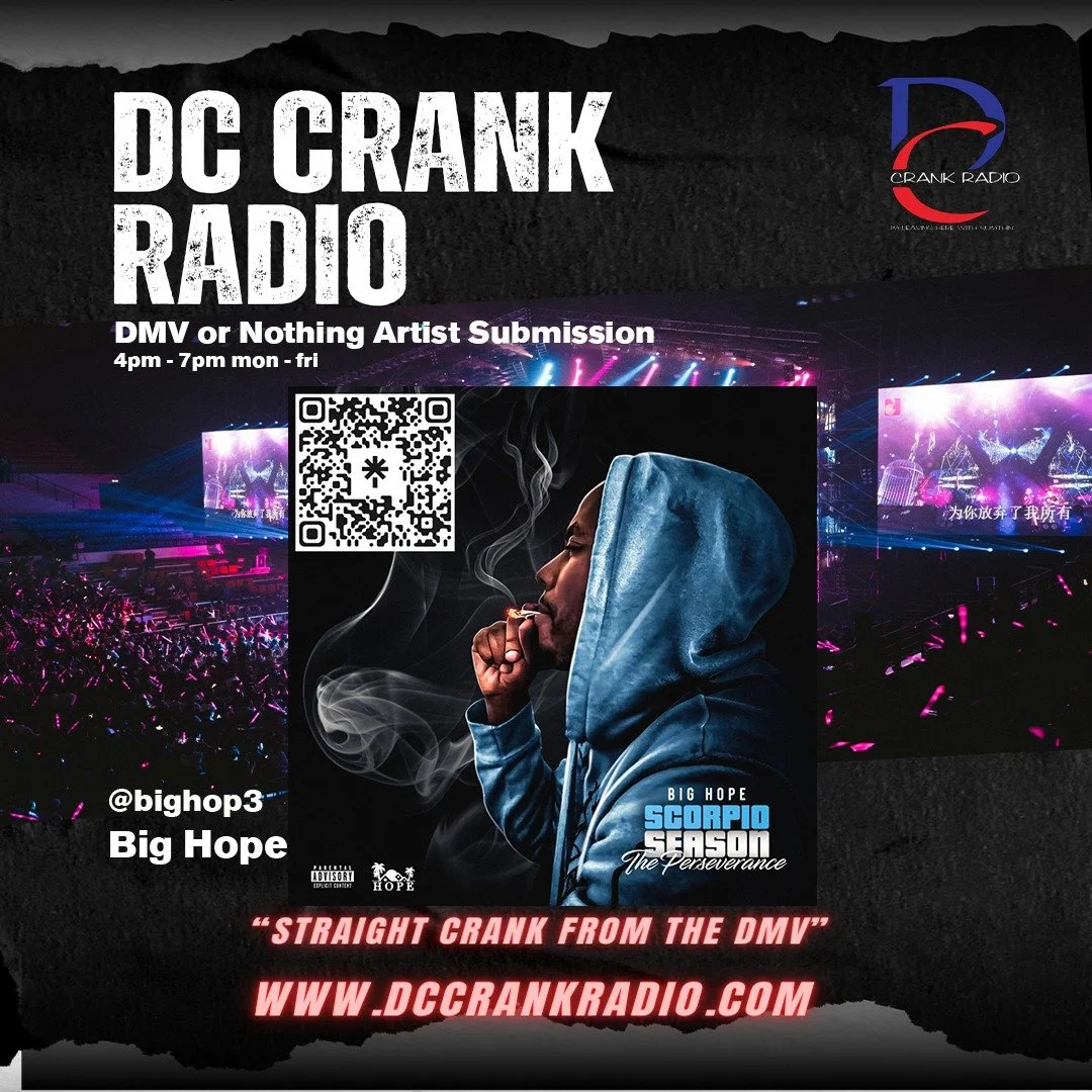Congrats to @bighop3 
Your submission has officially been accepted into **DMV or Nothing** on **DC Crank Radio**.

This segment was built to give DMV artists real airtime during drive time, when listeners are tuned in on the way home from **4 PM to 7
