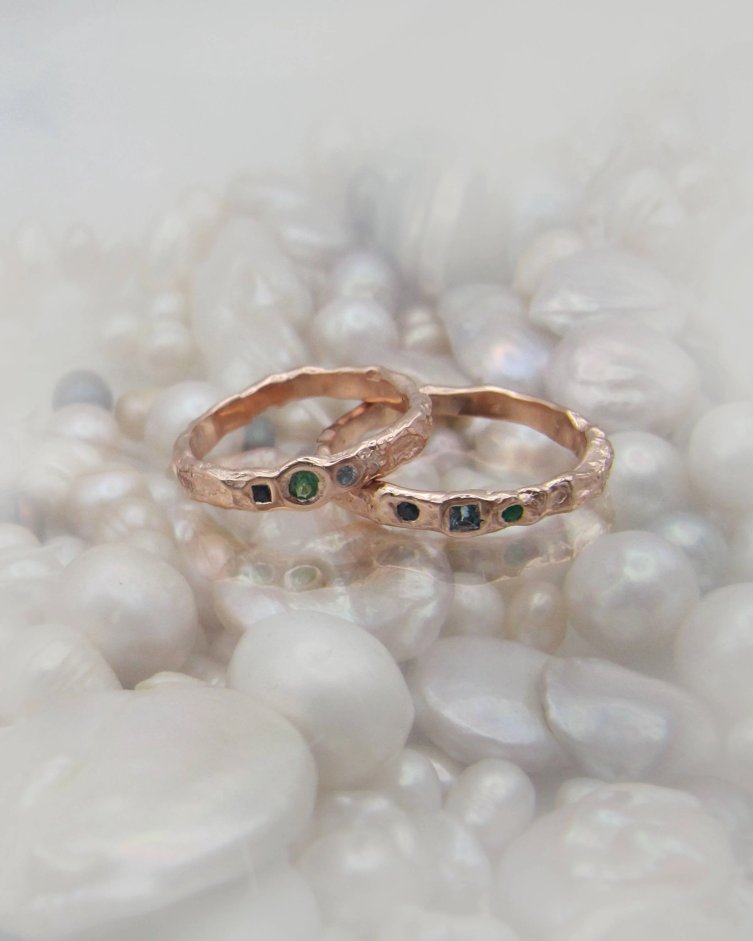 Rose gold DK Halo's with emerald, topaz and sapphire for Beth & Gregory 